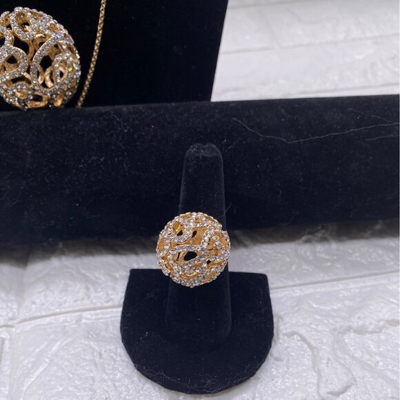 Fashion Jewelry Women’s Necklace Set Gold Plated Rhinestones Earrings & Ring - Picture 3 of 14